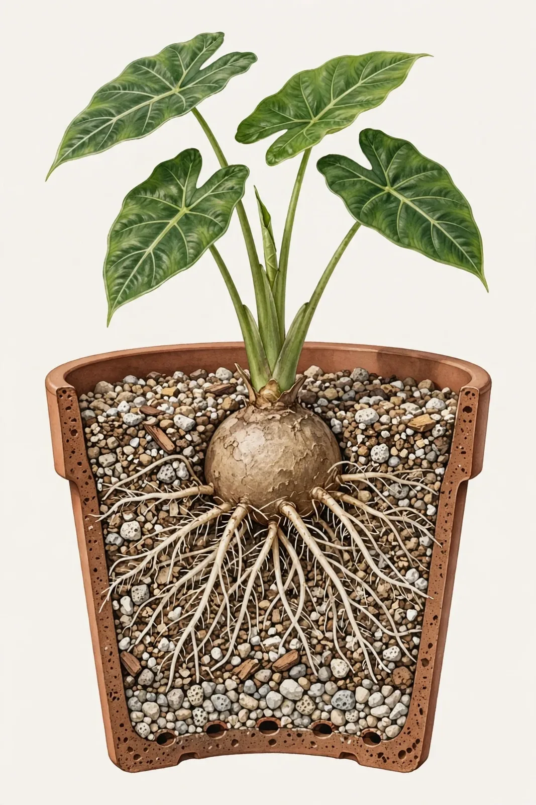 Botaniczny przekrój doniczki z alokazją ukazuje okrągłą bulwę, rozgałęziony system korzeniowy w mineralnym podłożu oraz otwory drenażowe w dnie.