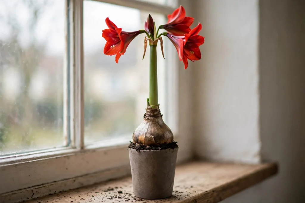 Czerwona zwartnica (hippeastrum) kwitnąca na sztywnym pędzie wyrastającym z dużej cebuli w małej doniczce na drewnianym parapecie przy oknie.