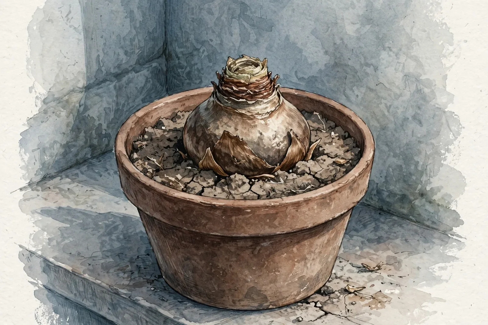 Akwarelowa ilustracja uśpionej cebuli amarylisa pozbawionej liści, posadzonej w glinianej doniczce z wysuszoną ziemią, stojącej w kącie przy kamiennej ścianie.