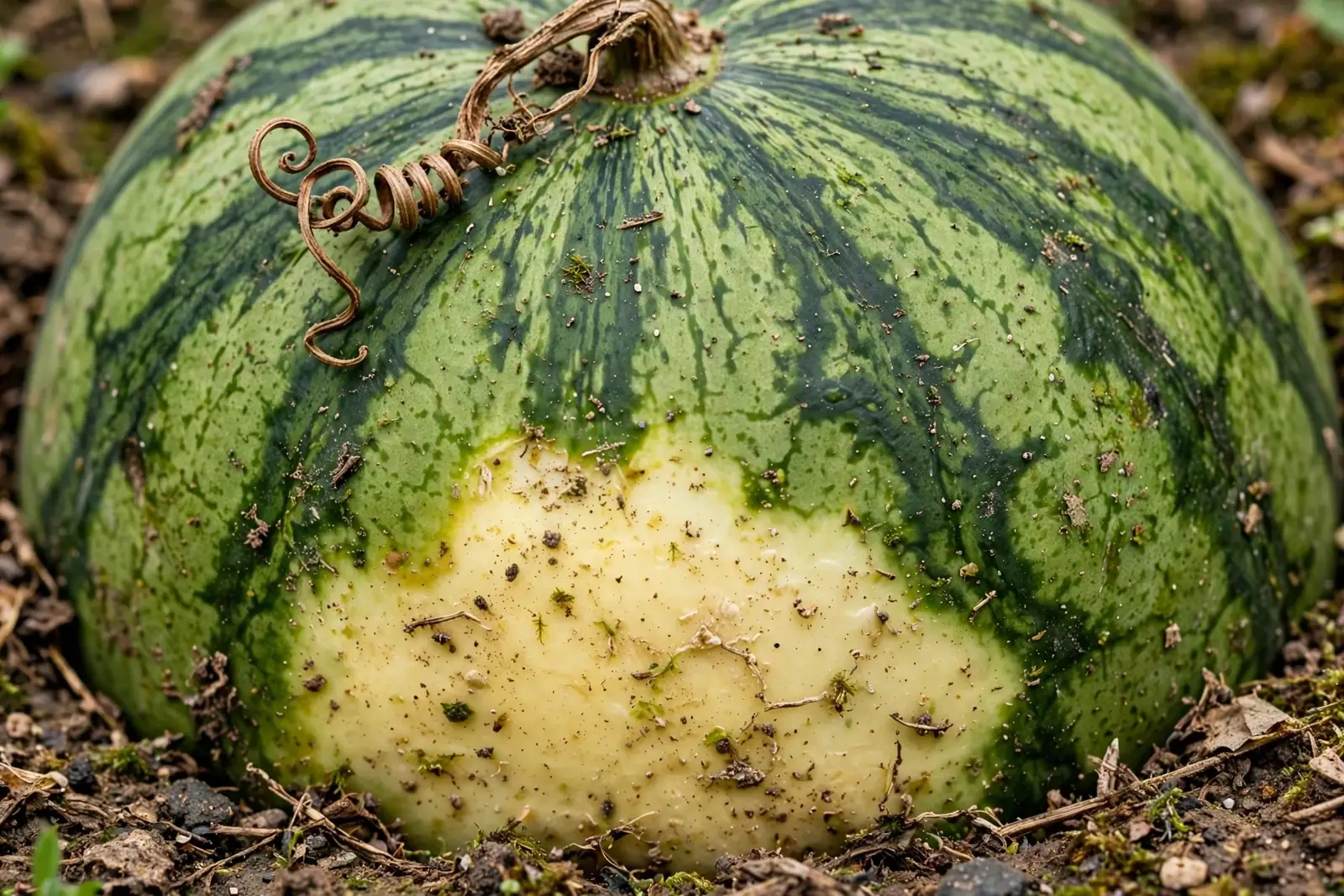 Zbliżenie na zielonego arbuza leżącego na ziemi, z widoczną kremowożółtą plamą od spodu oraz szypułką i suchym wąsem czepnym na wierzchu.