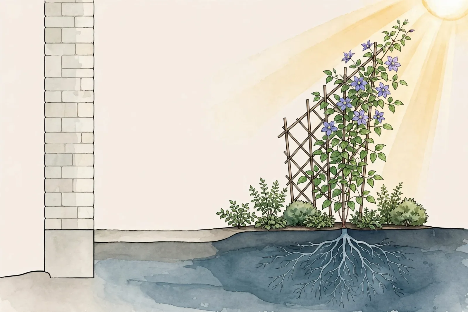 Ilustracja przedstawiająca schemat sadzenia powojnika w przekroju ziemi, z zachowanym odstępem od murowanej ściany. Roślina pnie się po drewnianej kratce w stronę promieni słonecznych, a jej korzenie oraz podstawa pędów są zacienione przez rosnące wokół niskie krzewy.