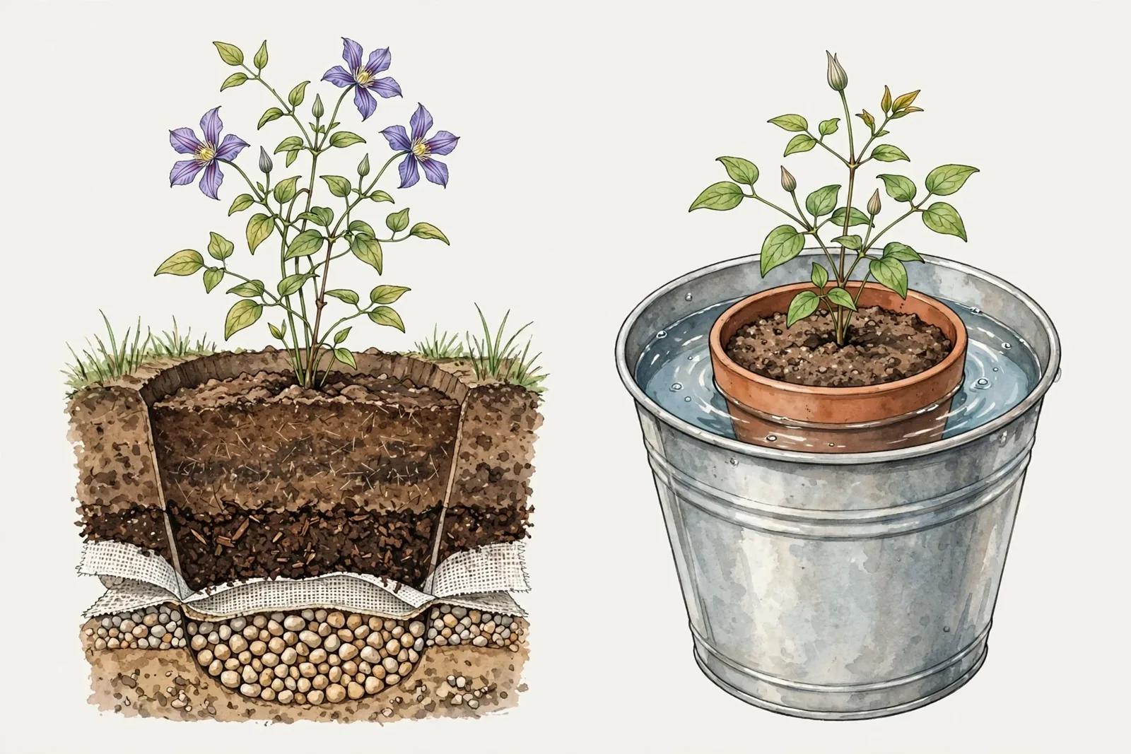Ilustracja botaniczna przedstawiająca po lewej stronie przekrój poprzeczny gleby z warstwami drenażu z kamyków, agrowłókniną i podłożem, w którym posadzony jest kwitnący powojnik, a po prawej doniczkę z młodą rośliną zanurzoną w metalowym wiadrze z wodą.
