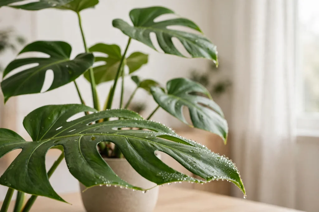 Zielona monstera w doniczce ustawionej w jasnym pokoju, z widocznymi kroplami wody wzdłuż krawędzi i na końcówkach liścia na pierwszym planie.