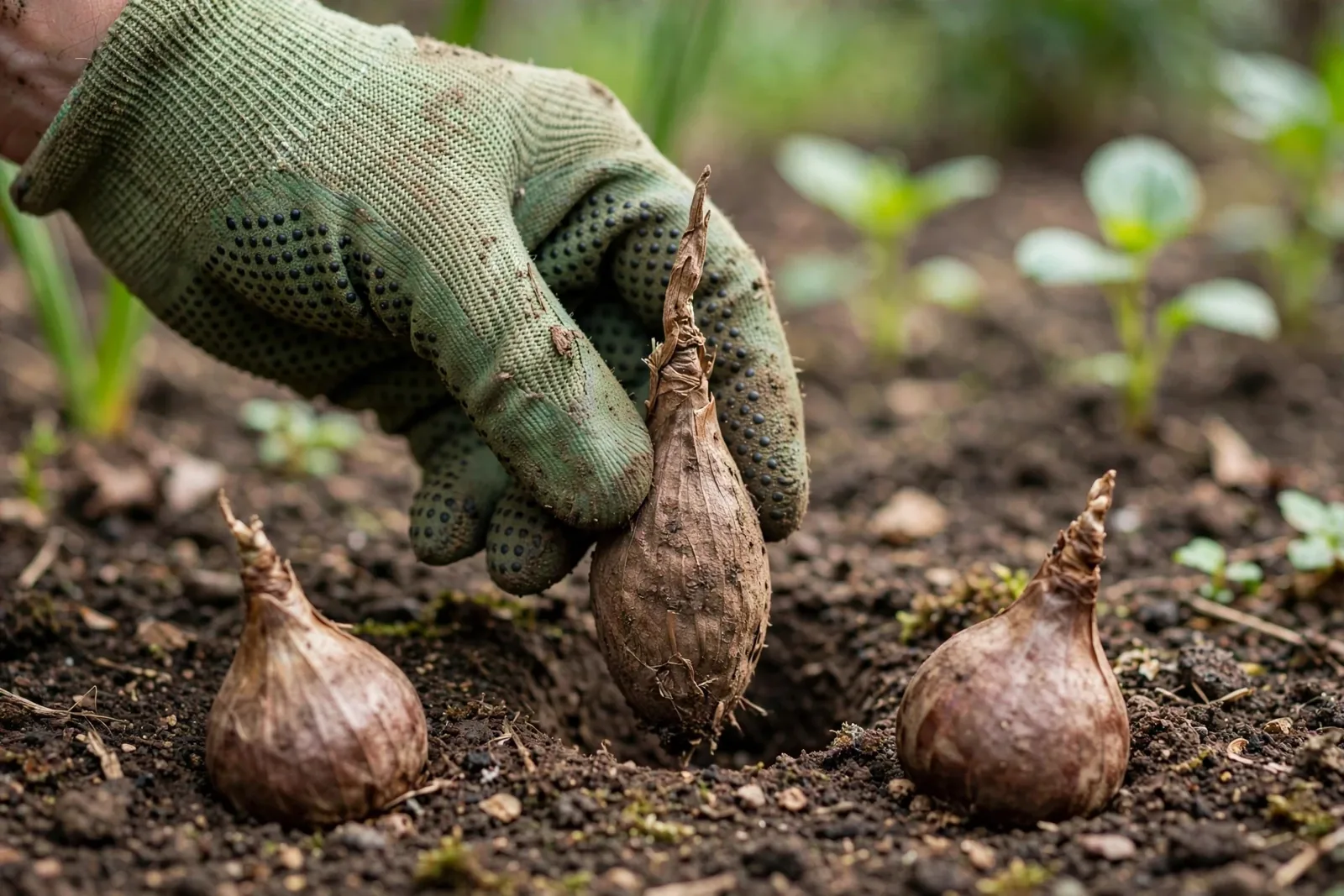Dłoń w zielonej rękawicy ogrodowej wsadza spiczastą bulwę do dołka w ziemi, a obok leżą dwie kolejne bulwy na tle rozmytych roślin.