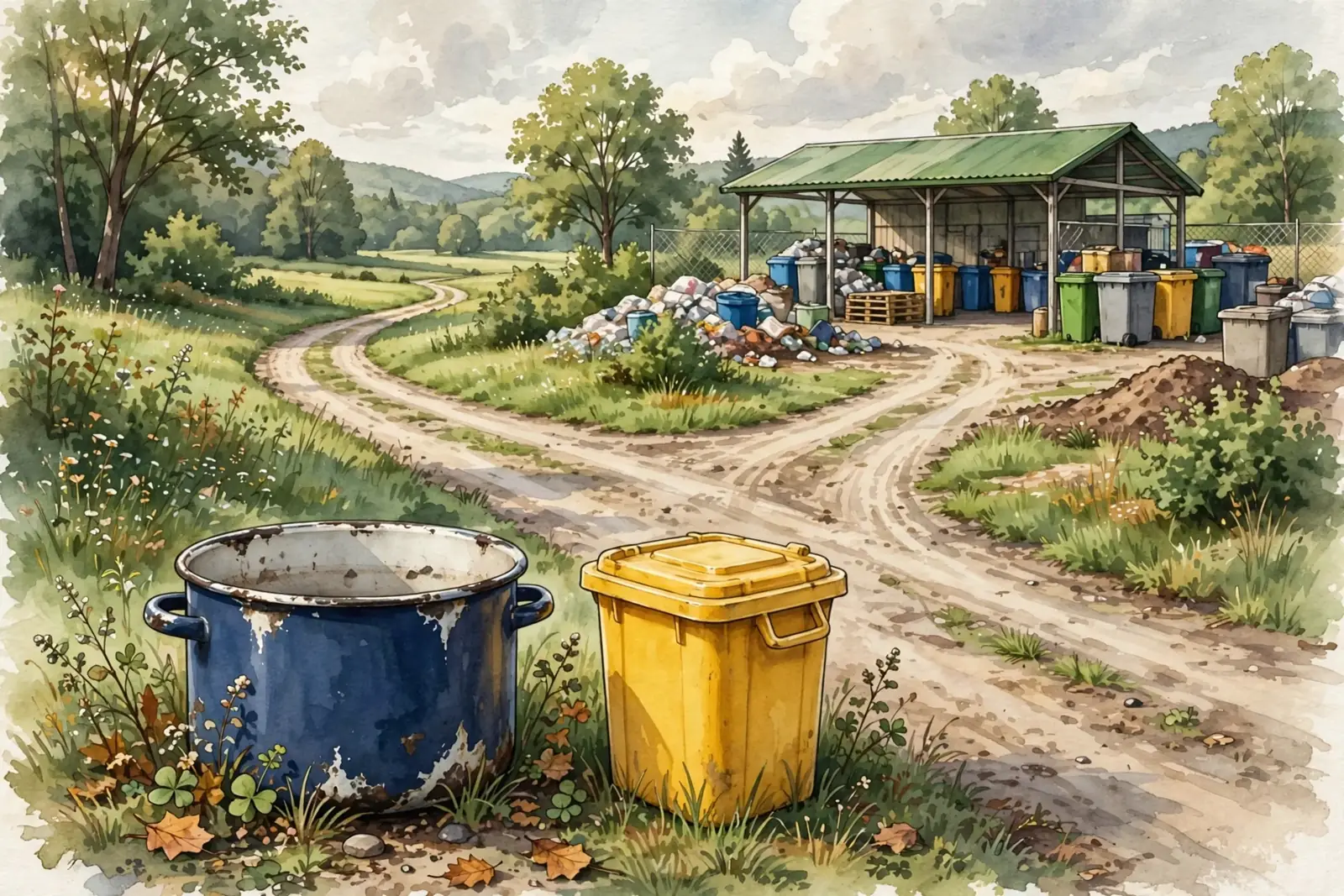 Akwarelowa ilustracja przedstawiająca duży niebieski stary garnek emaliowany z odpryskami stojący obok małego żółtego kosza na odpady przy rozwidleniu dróg gruntowych, z punktem zbiórki odpadów pod wiatą w tle.