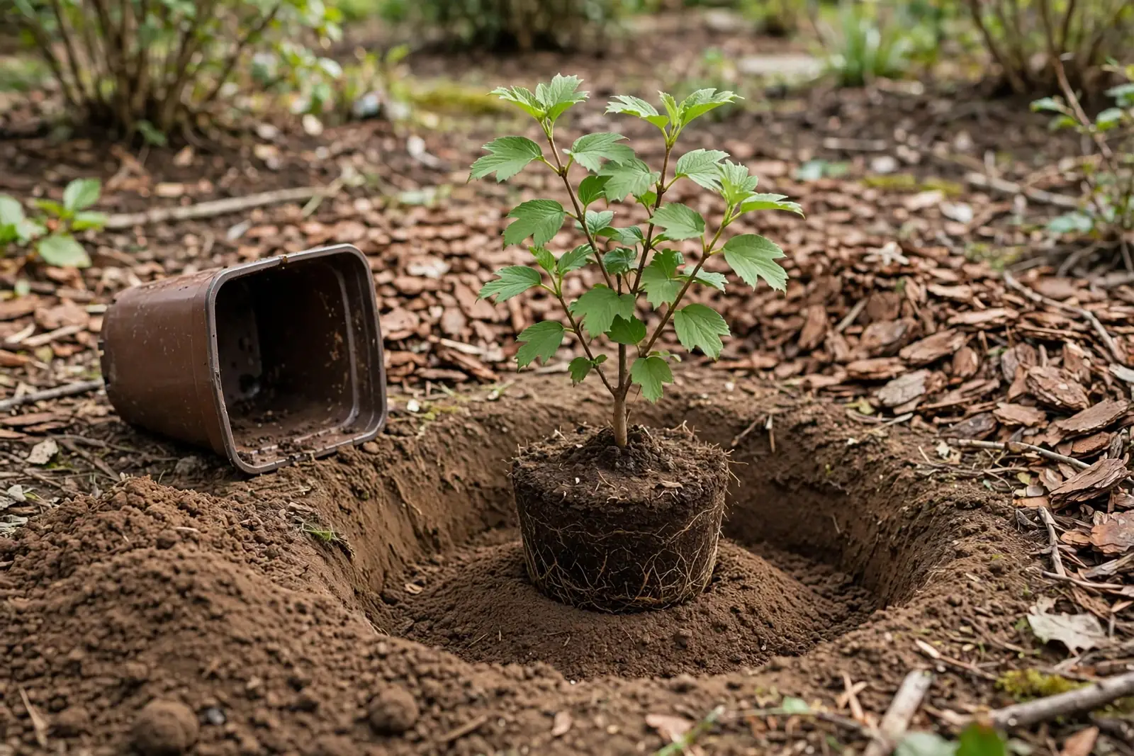 Młoda sadzonka kaliny z widoczną bryłą korzeniową umieszczona w wykopanym dołku ziemnym, obok leżąca pusta plastikowa doniczka oraz ściółka z kory w tle.