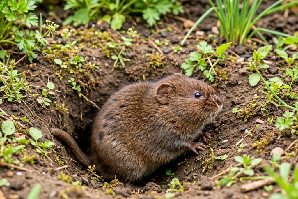 Karczownik ziemnowodny o brązowej sierści wychodzący z nory w ziemi wśród niskiej roślinności ogrodowej.