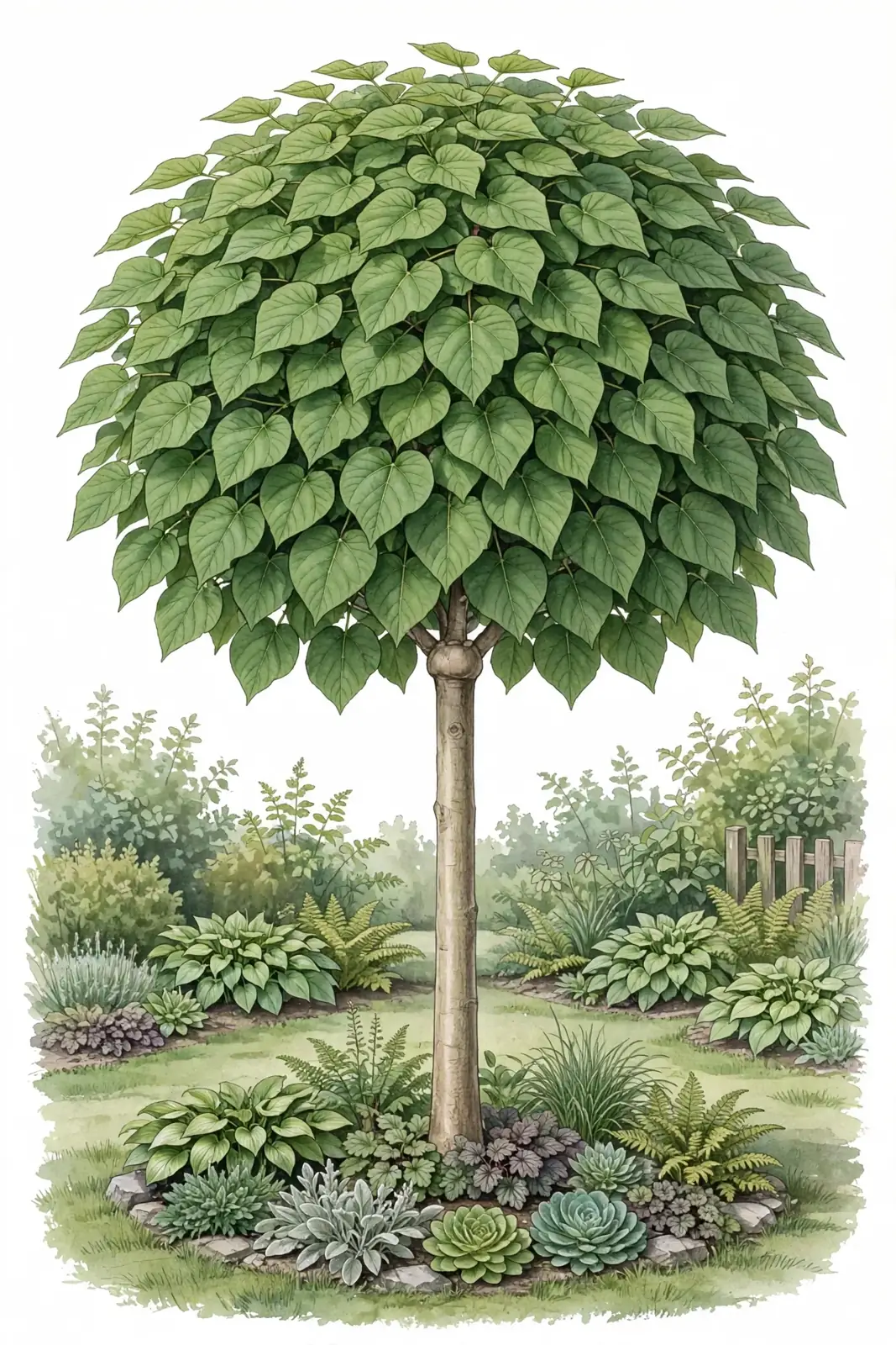 Akwarelowa ilustracja surmii szczepionej na pniu o zwartej, kulistej koronie z dużymi, sercowatymi liśćmi, rosnącej w ogrodzie pośród rabaty z bylinami, funkiami i paprociami.
