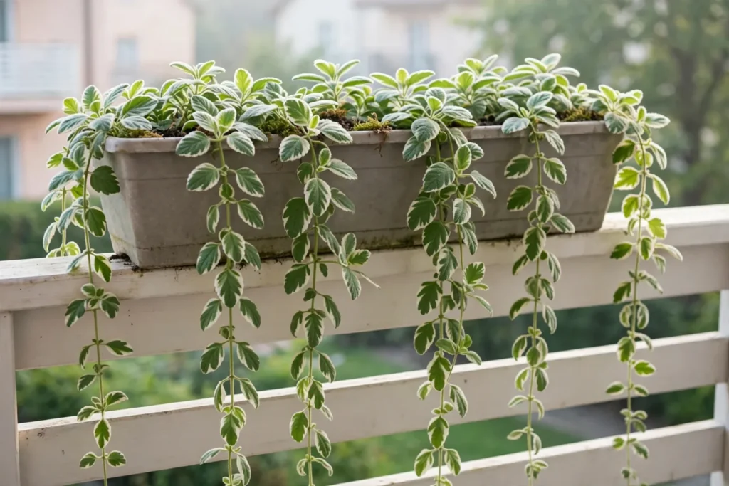 Plectranthus w podłużnej donicy na jasnej balustradzie balkonowej, z zielono-białymi pędami zwisającymi w dół.
