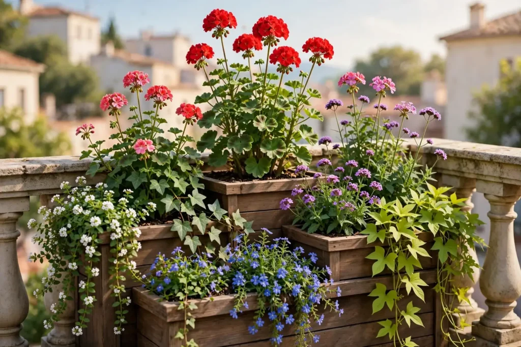 Drewniane skrzynki z kwiatami na kamiennej balustradzie balkonu, obsadzone czerwonymi i różowymi pelargoniami, fioletową werbeną, białą bakopą, niebieską lobelią oraz zielonym wilcem ziemniaczanym.