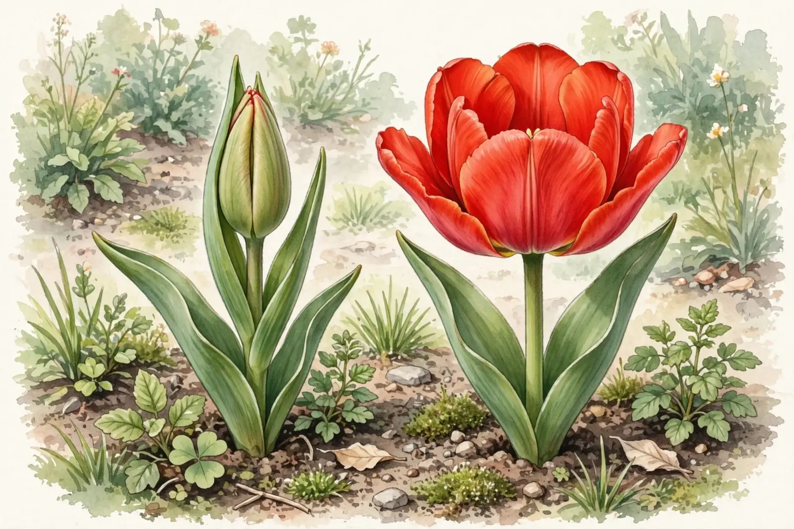 Akwarelowa ilustracja botaniczna przedstawiająca zielony, zamknięty pąk tulipana po lewej stronie oraz w pełni rozwinięty, czerwony kwiat tulipana po prawej stronie, rosnące w ziemi na rabacie.