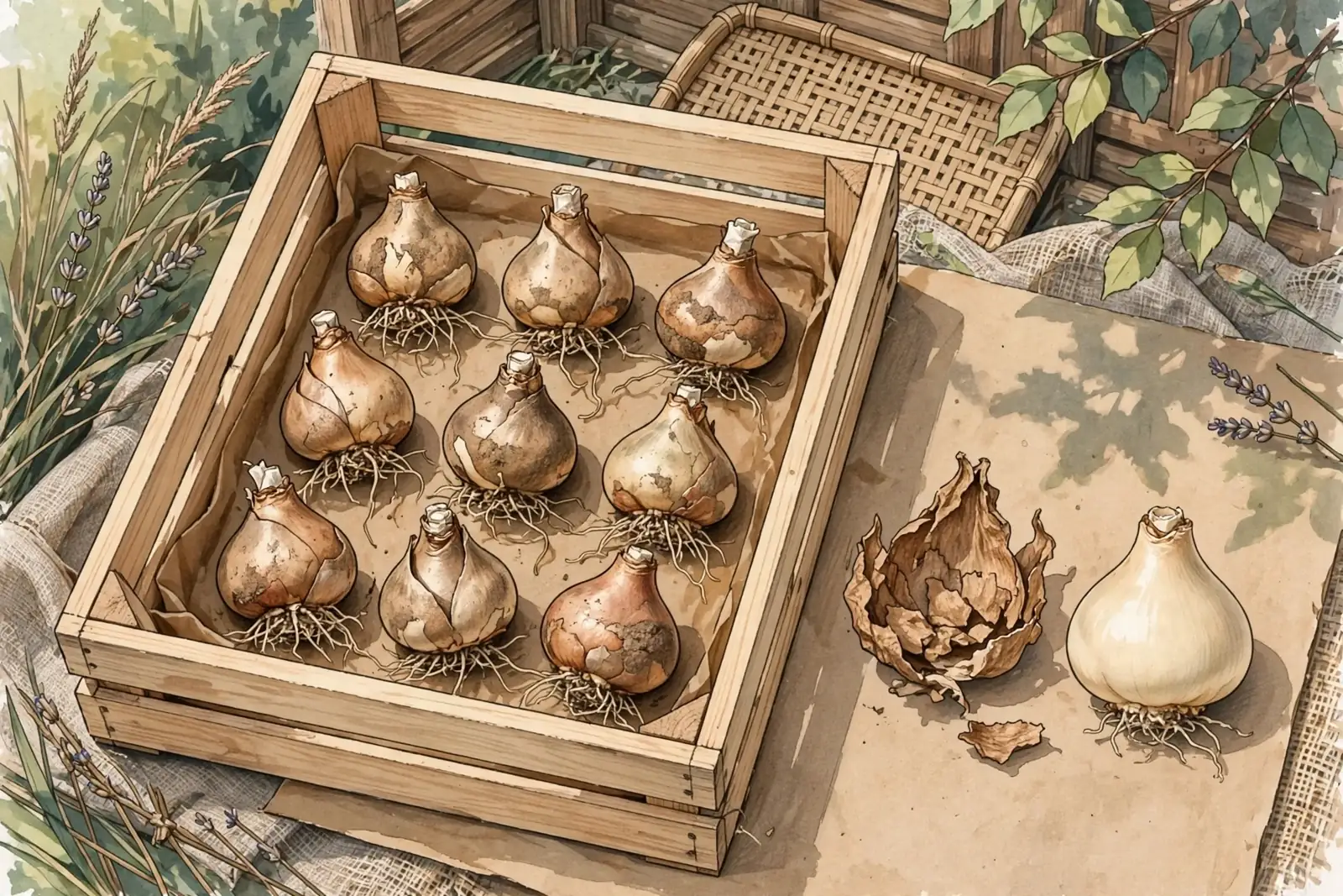 Akwarelowa ilustracja przedstawiająca wykopane cebule tulipanów z korzeniami ułożone w drewnianej skrzynce wyściełanej papierem, a obok suchą łuskę i obraną, jasną cebulę.