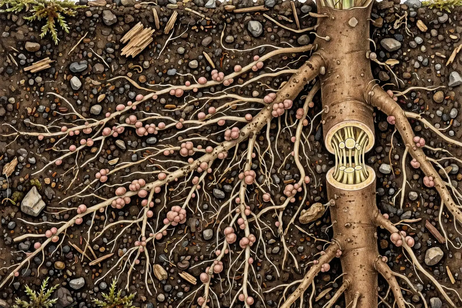 Botaniczna ilustracja przedstawiająca przekrój gleby z systemem korzeniowym łubinu, drobnymi różowymi brodawkami korzeniowymi oraz odsłoniętymi wiązkami wewnątrz korzenia palowego.