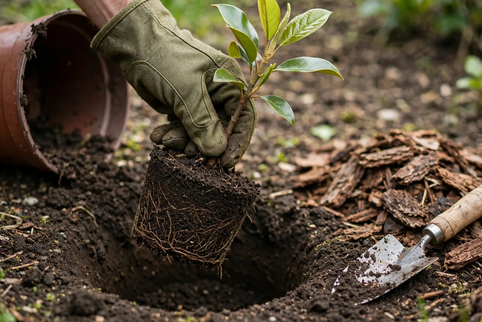 Dłoń w zielonej rękawicy ogrodniczej trzymająca sadzonkę magnolii z nienaruszoną bryłą korzeniową nad dołkiem w ziemi, obok łopatki ogrodowej, kory i plastikowej doniczki.