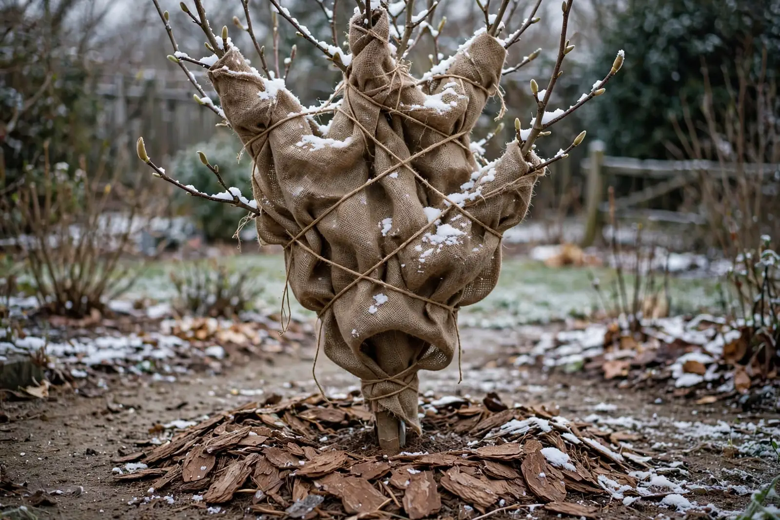 Młode drzewko magnolii w zimowym ogrodzie z pędami owiniętymi workiem jutowym przewiązanym sznurkiem, z widocznym pierścieniem z kory sosnowej wokół podstawy pnia oraz lekką warstwą śniegu.