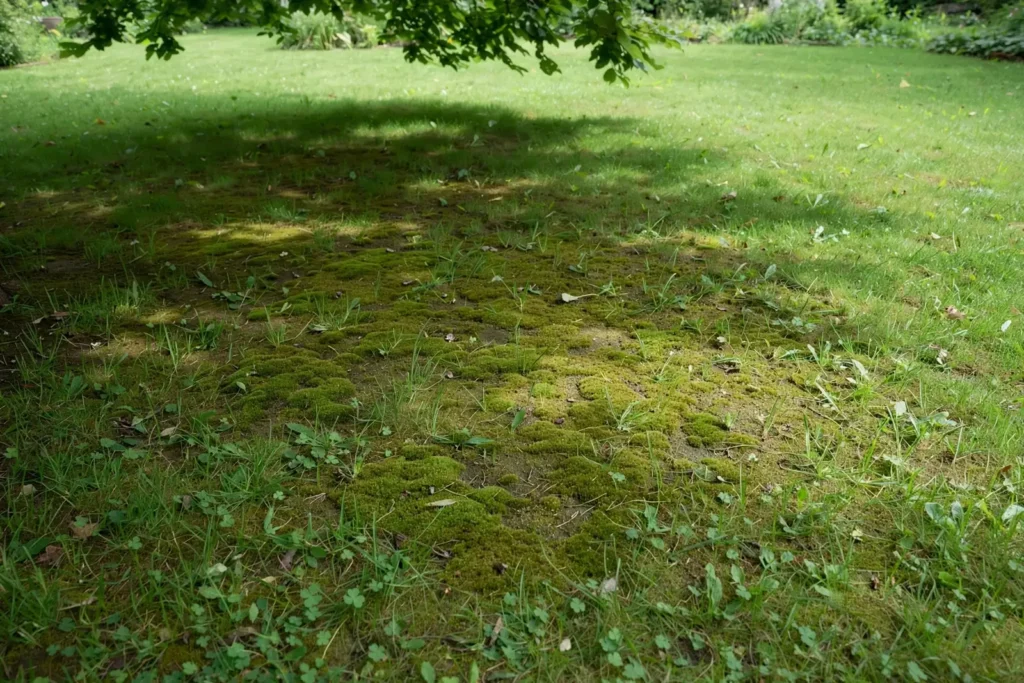 Fragment ogrodu z zielonym trawnikiem, w którego zacienionej części pod drzewem widoczne są kępy mchu w przerzedzonej trawie.