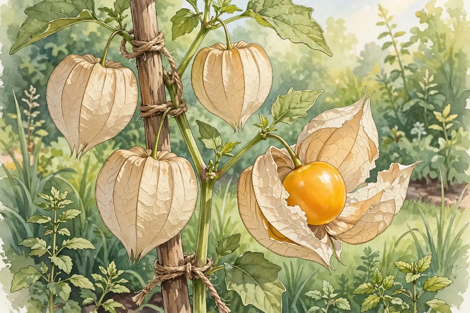 Akwarelowa ilustracja pędu miechunki peruwiańskiej przywiązanego sznurkiem do drewnianego palika, z beżowymi kielichami i odsłoniętą, dojrzałą, żółtą jagodą na tle ogrodu.