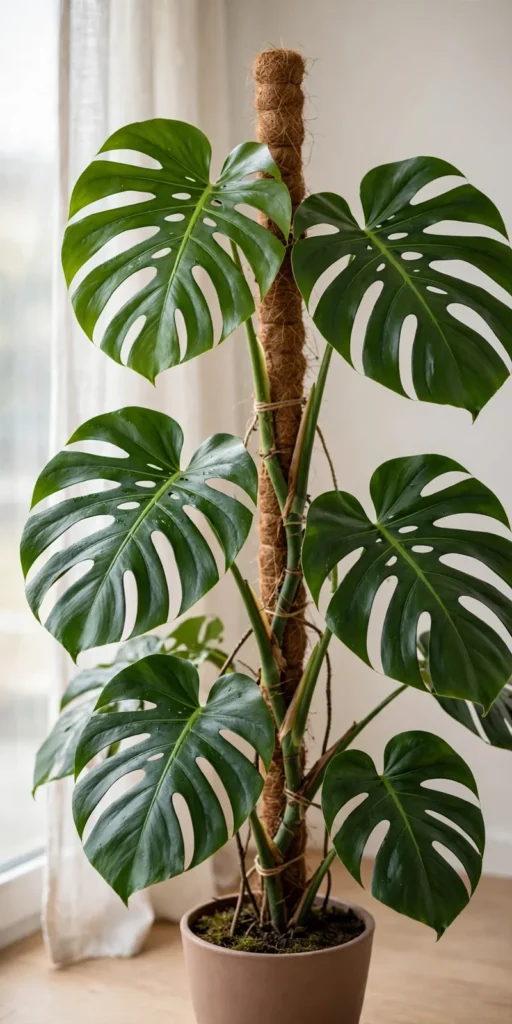 Dojrzała monstera dziurawa w doniczce, prowadzona przy pionowym paliku kokosowym na tle okna z firanką.