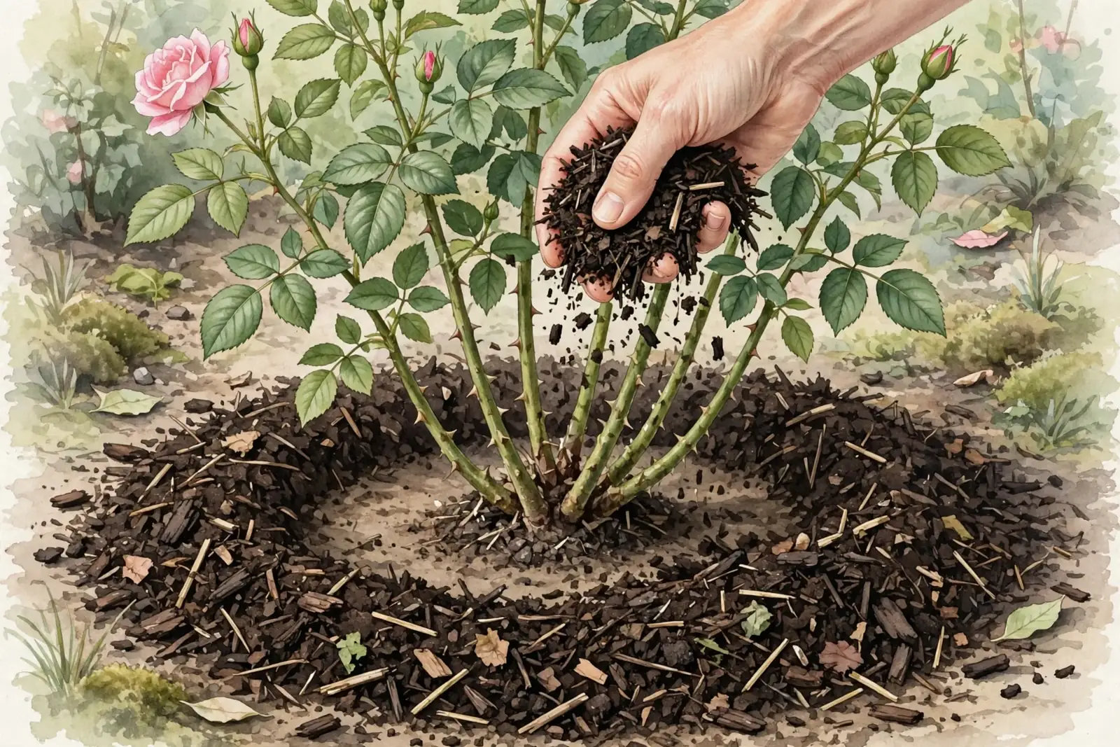 Akwarelowa ilustracja przedstawiająca krzew róży ogrodowej z pąkami i kwiatem oraz dłoń rozsypującą ciemną, przekompostowaną ściółkę w okręgu, z zachowaniem wolnej przestrzeni wokół nasady pędów.