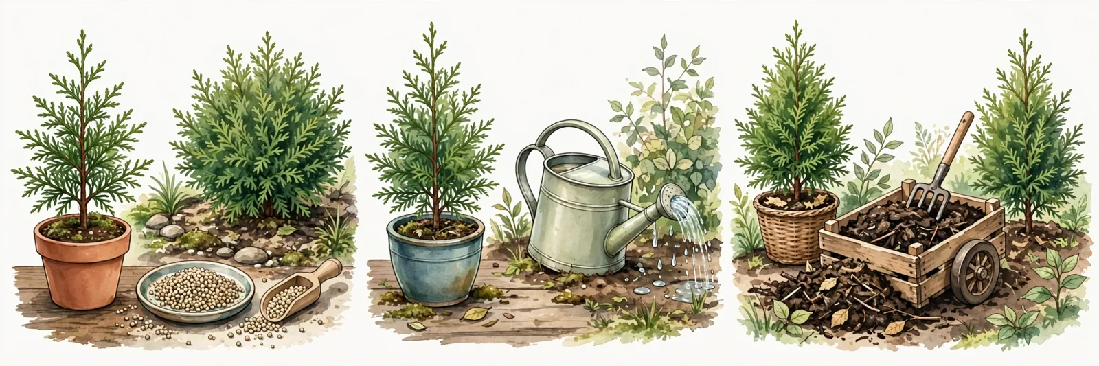Akwarelowa ilustracja w trzech kadrach przedstawiająca tuje w donicach i w gruncie obok różnych form nawożenia: miska i łopatka z granulatem, konewka z płynem oraz drewniany wózek z kompostem i widłami.