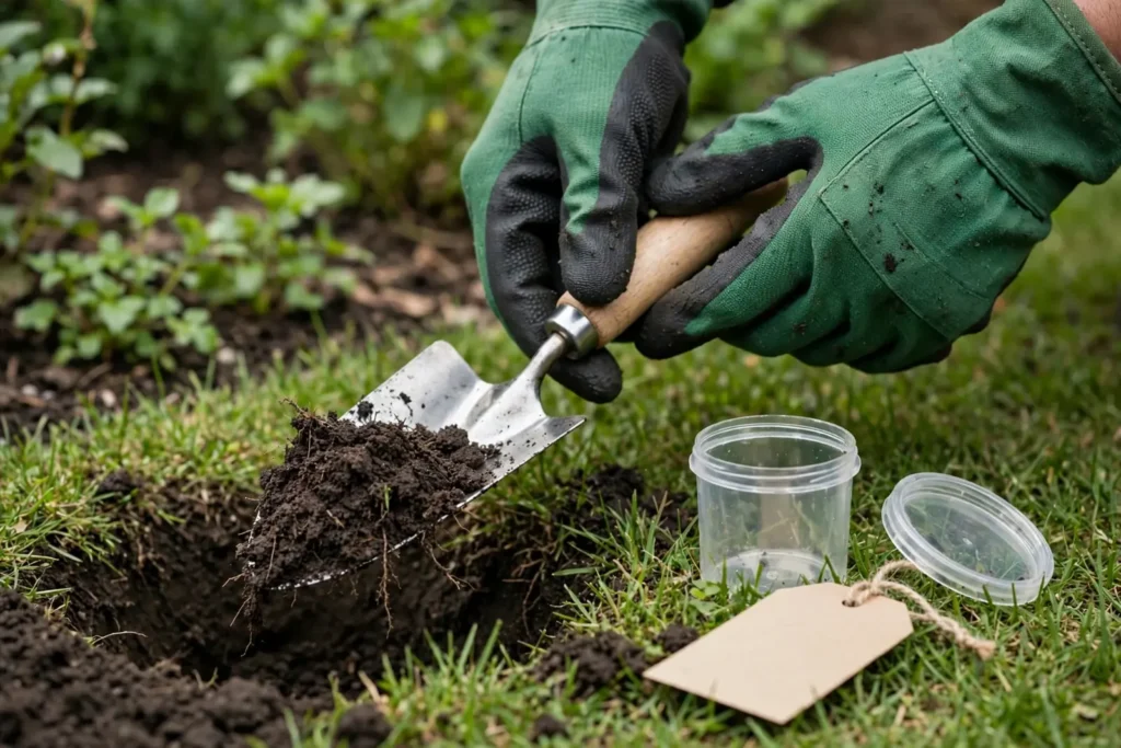 Dłonie w zielonych rękawicach ogrodowych trzymają małą łopatkę z grudką ciemnej ziemi nad wykopanym dołkiem w trawniku. Obok stoi mały plastikowy pojemnik z pokrywką i leży pusta papierowa etykietka ze sznurkiem.