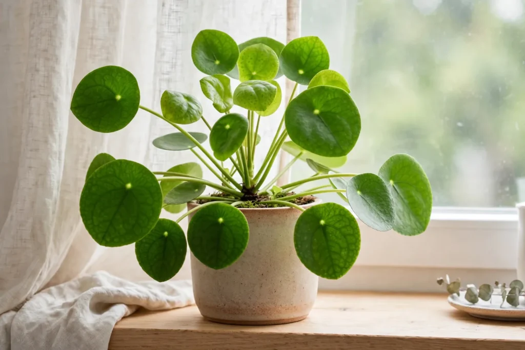 Zielona roślina Pilea peperomioides w jasnej ceramicznej doniczce stojącej na drewnianym parapecie przy oknie z lnianą zasłoną.