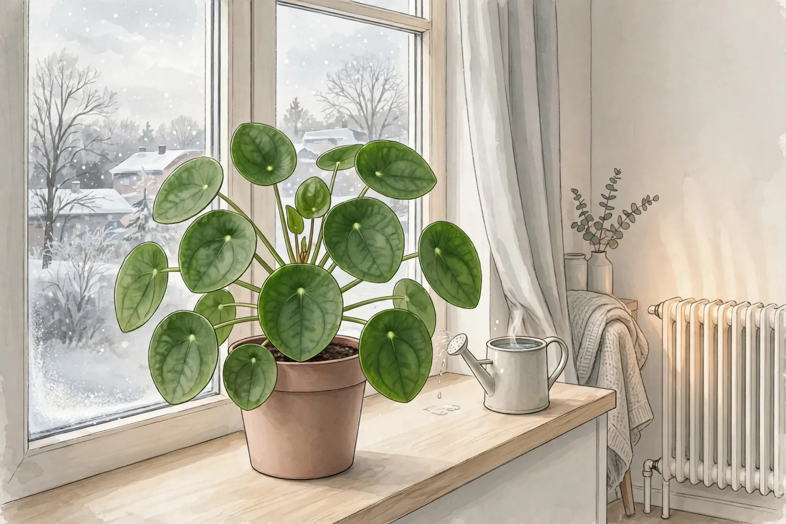 Pilea peperomioides w glinianej doniczce na drewnianym parapecie obok okna z widokiem na zimowy krajobraz, z małą konewką stojącą obok i grzejnikiem w tle.
