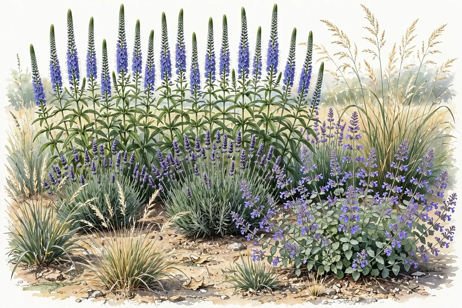 Akwarelowa ilustracja rabaty naturalistycznej z wysokimi, fioletowoniebieskimi kwiatostanami przetacznika w tle oraz kępami lawendy, kocimiętki i traw ozdobnych na żwirowo-piaszczystym podłożu.
