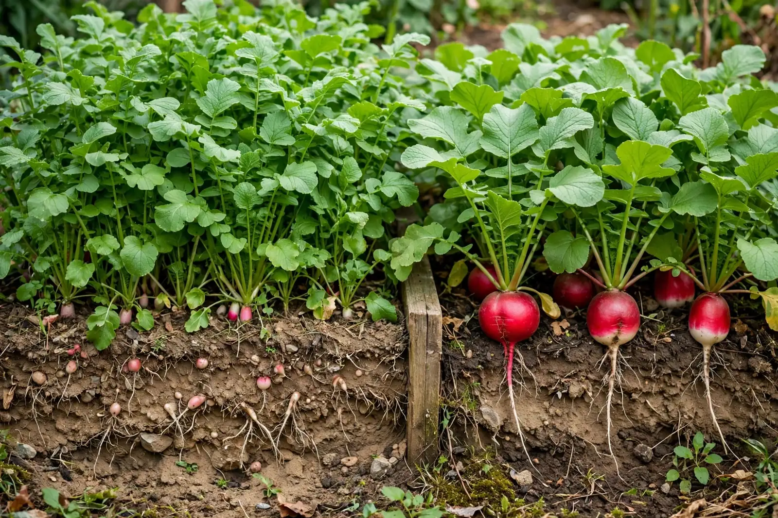 Przekrój gleby z dwiema strefami uprawy rzodkiewki: po lewej gęsto rosnąca, wysoka nać ze słabo wykształconymi, drobnymi korzeniami, po prawej rzadsze rośliny z dużymi, kulistymi, czerwonymi zgrubieniami korzeniowymi.