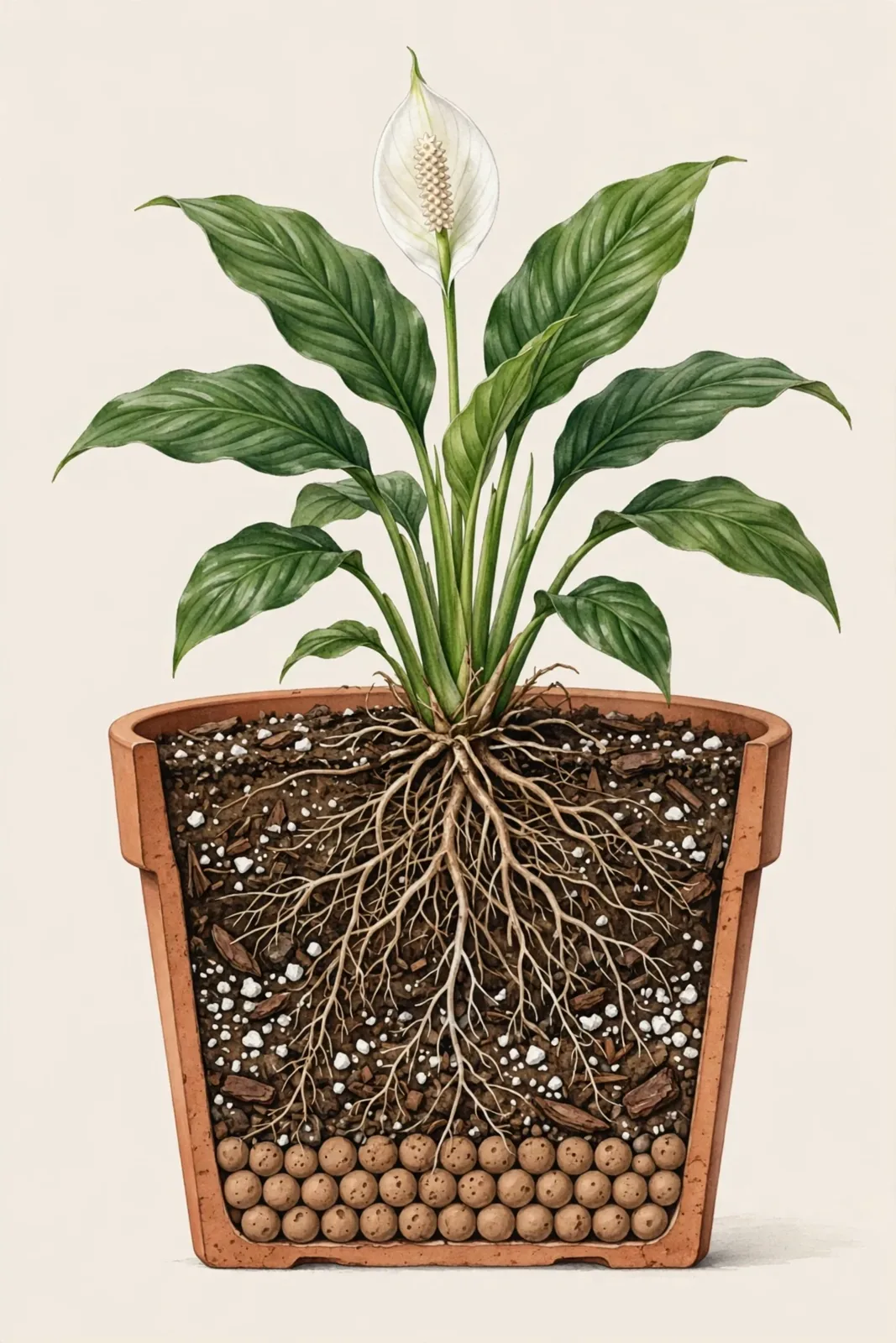 Ilustracja botaniczna przedstawiająca przekrój doniczki ze skrzydłokwiatem, ukazujący system korzeniowy w podłożu z perlitem oraz dolną warstwę drenażową z keramzytu na jasnym tle.