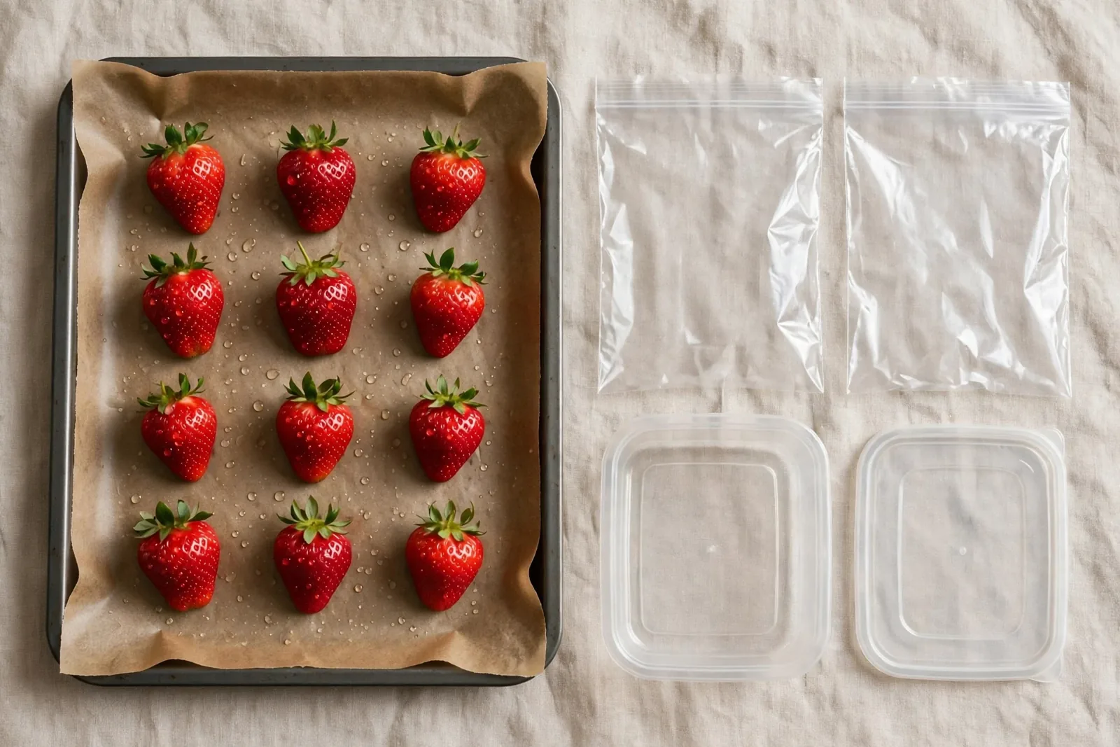 Widok z góry na blachę do pieczenia wyłożoną pergaminem z równomiernie ułożonymi truskawkami, obok woreczków strunowych i plastikowego pojemnika z pokrywką na jasnej tkaninie.