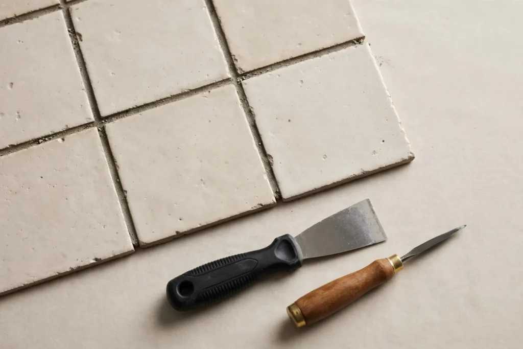 Fragment ułożonych jasnych płytek ceramicznych z widoczną fugą, obok których leży mała szpachelka oraz wąskie narzędzie z drewnianą rączką na jasnym tle.