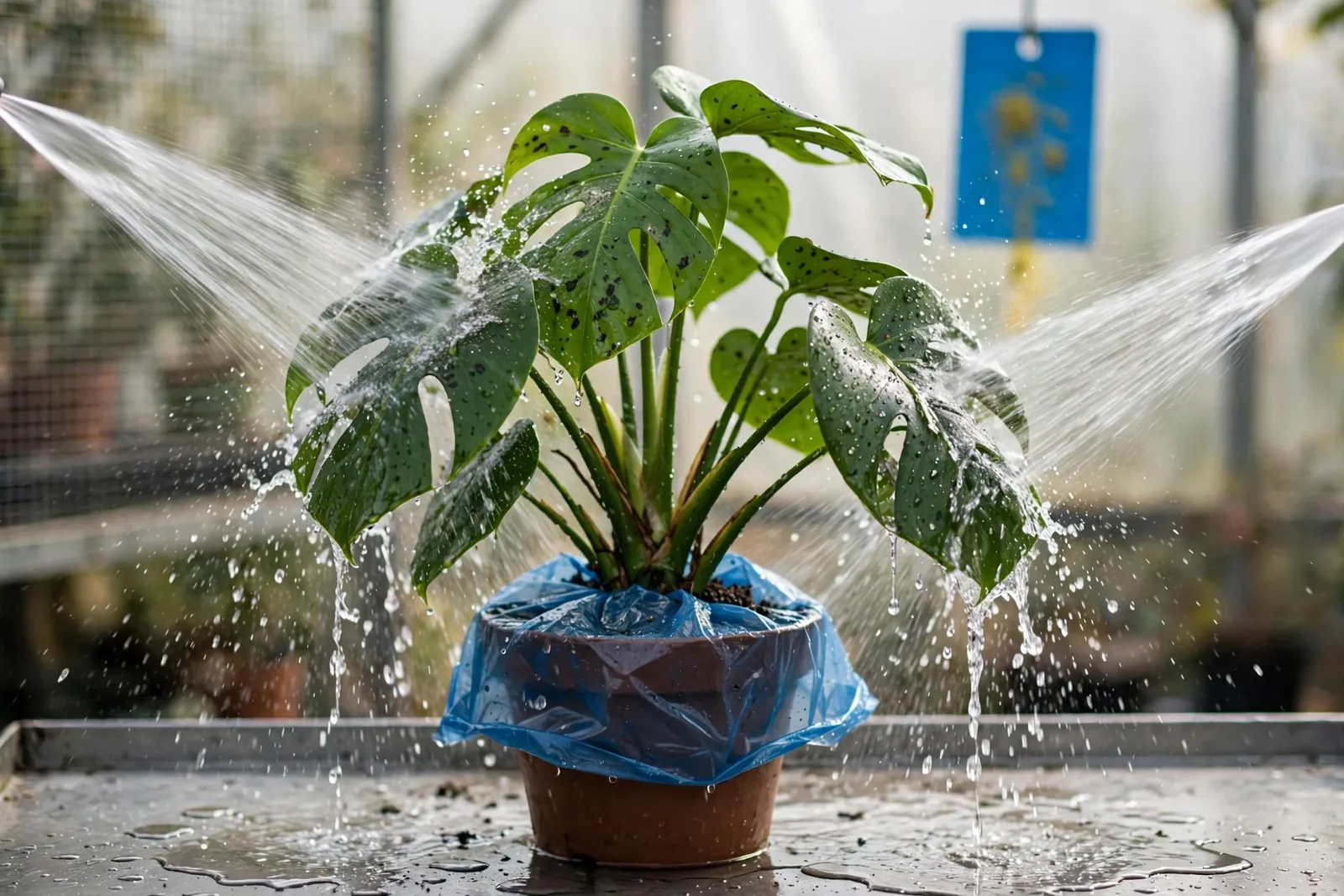 Monstera w doniczce zabezpieczonej niebieską folią jest spłukiwana strumieniami wody z dwóch stron, a w tle widać zawieszoną niebieską tablicę lepową.