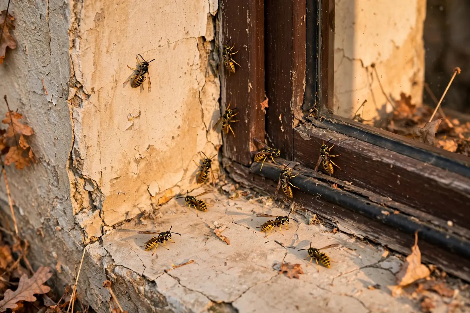 Grupa os na zewnętrznym, spękanym parapecie i drewnianej ramie okiennej w jesiennym świetle.