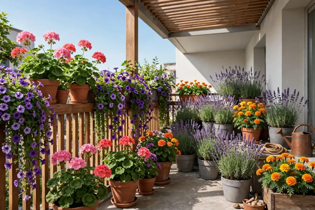 Słoneczny balkon z donicami pełnymi kwitnących różowych pelargonii, fioletowych surfinii, pomarańczowych aksamitek i kęp lawendy, ustawionymi wzdłuż drewnianej balustrady i przy ścianie.